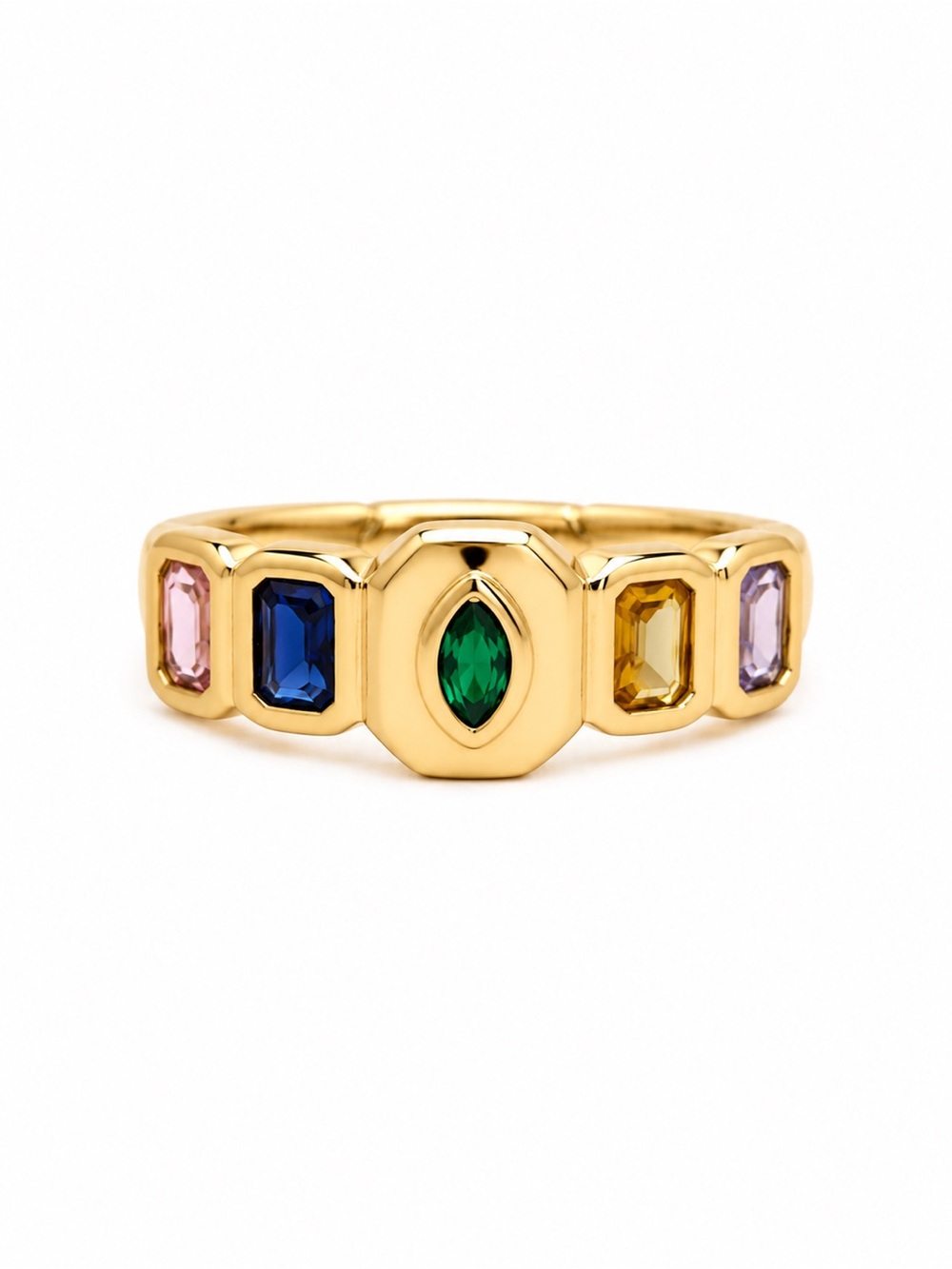 Multi-Color Gemstone Adjustable Statement Ring Rhodium Plated Stainless Steel